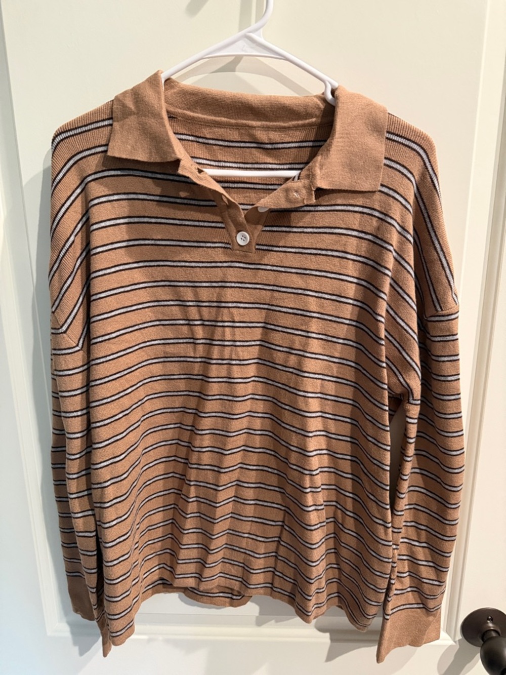 Womens Striped Polo Sweater in Camel